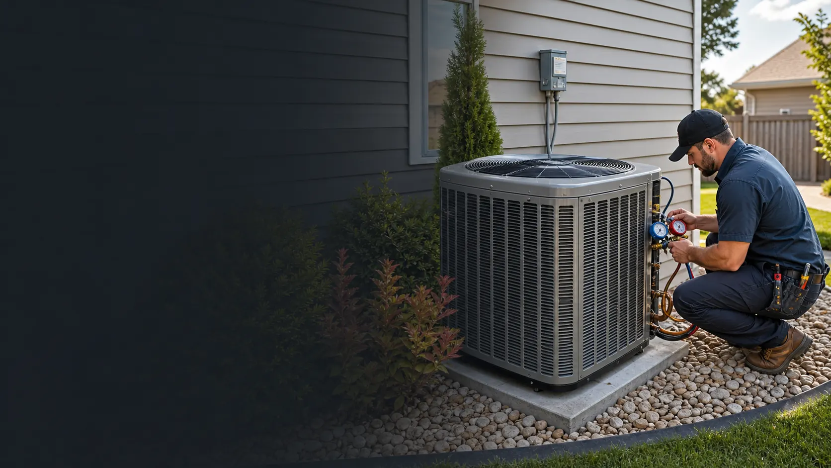 HVAC technician servicing a residential air conditioning condenser
