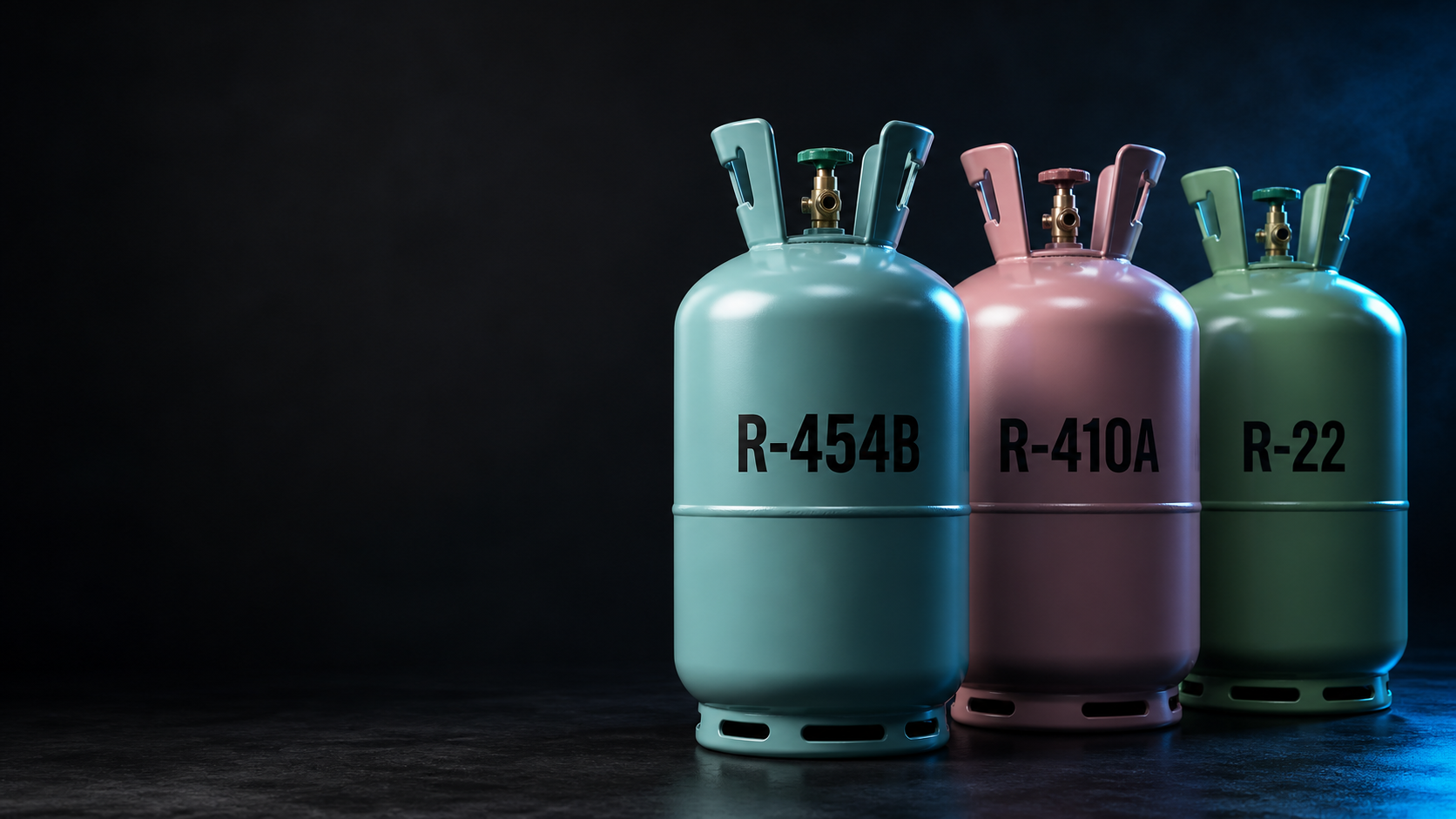 R-454B, R-410A, and R-22 refrigerant bottles